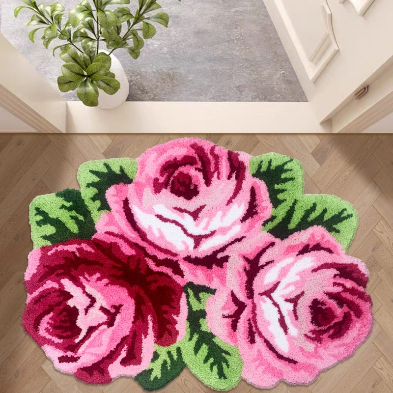 ABREEZE 3 Rose Shaped Rug Pink Roses Area Rug Shaggy Bath Mat Anti-Slip Mat Personalized Custom Carpets Doormat Bathroom Rug Super Water Absorbent, Machine Washable - Image 3